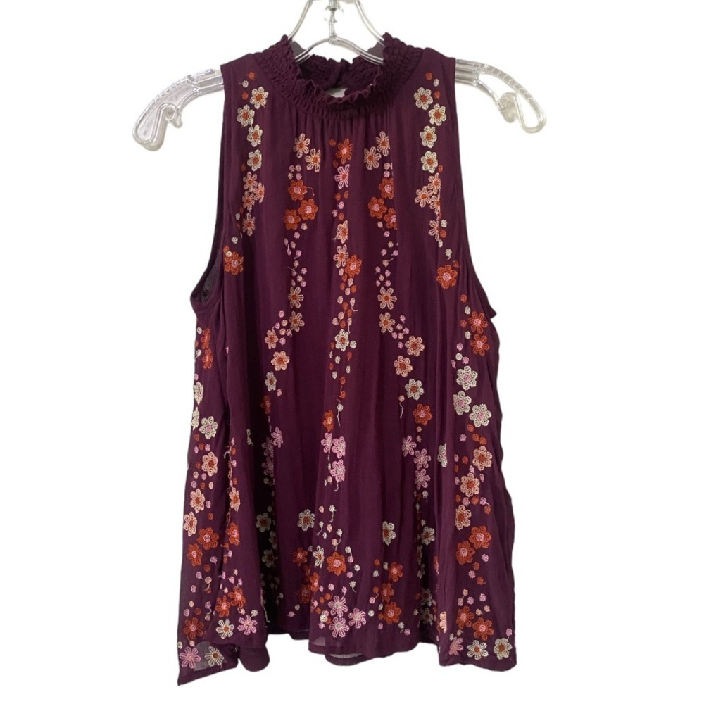Anthropologie Floreat Sotra Embroidered Floral Maroon Mock Neck Top